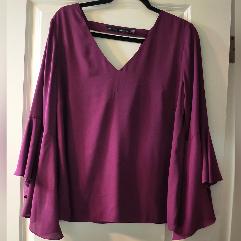White House Black Market Plum V-Neck Bell Sleeve Blouse